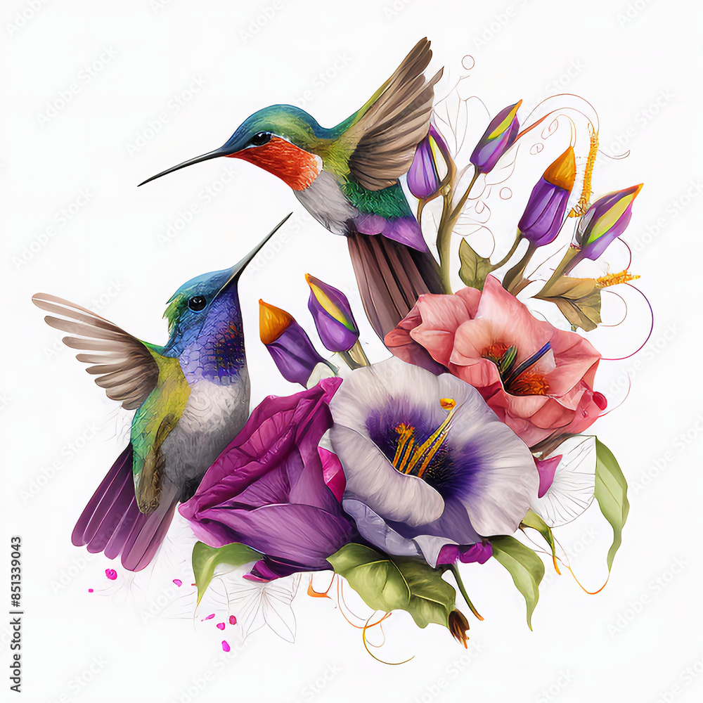 Obraz premium Hummingbird flower in purple-pink floral illustration