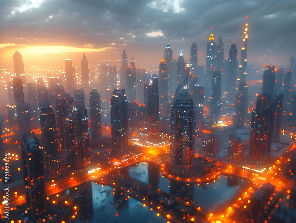 Fototapeta premium a city's skyline at night, bathed in the glow of towering skyscrapers and illuminated streets.