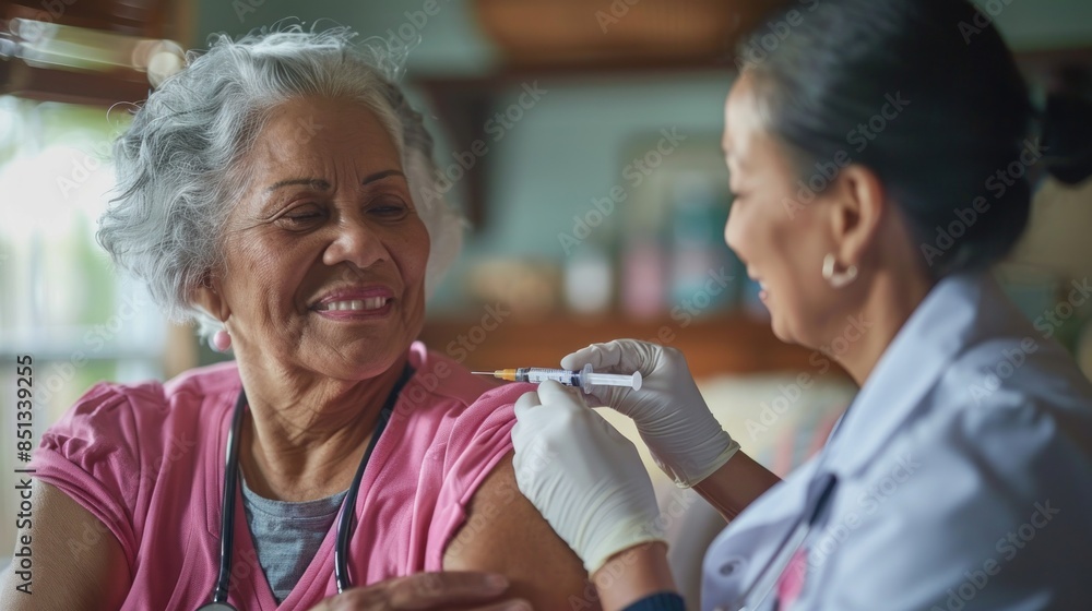 A dedicated nurse preparing to administer an injection to a senior woman in a comfortable bedroom. The nurse is professional and reassuring, while the woman appears calm and trusting. The image A dedicated nurse preparing to administer an injection to a senior woman in a comfortable bedroom. The nurse is professional and reassuring, while the woman appears calm and trusting. The image