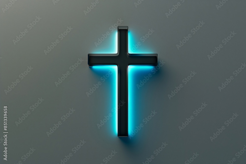 Sapphire Glowing Cross in 3D Render on Gray Background. Sapphire Glowing Cross in 3D Render on Gray Background.