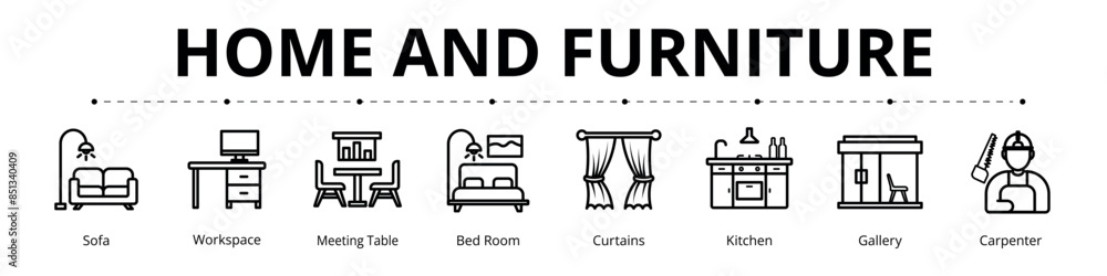 Home and Furniture Line banner web icon set vector illustration, sofa workspace meeting table bedroom curtains gallery carpenter Home and Furniture Line banner web icon set vector illustration, sofa workspace meeting table bedroom curtains gallery carpenter