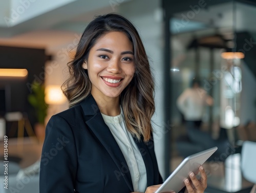 Smiling latin young professional business woman corporate marketing manager, female worker holding digital tablet computer fintech tab at work standing in modern company office looking at camera.