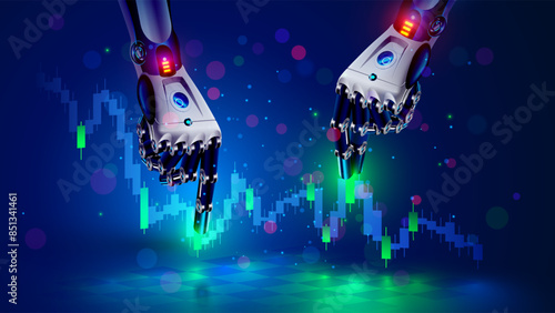 Robot or bot trader. AI for automation trading on stock market. Hands robot point at candlestick graph on trading exchange market. Artificial intelligence trader. AI chat bot for Online trading.