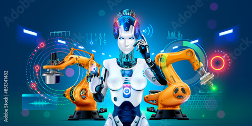 AI humanoid robot on factory. Robot woman with AI control production line on industry factory with robotics arms. Industry 4.0 concept banner. Artificial intelligence on modern industrial factory.