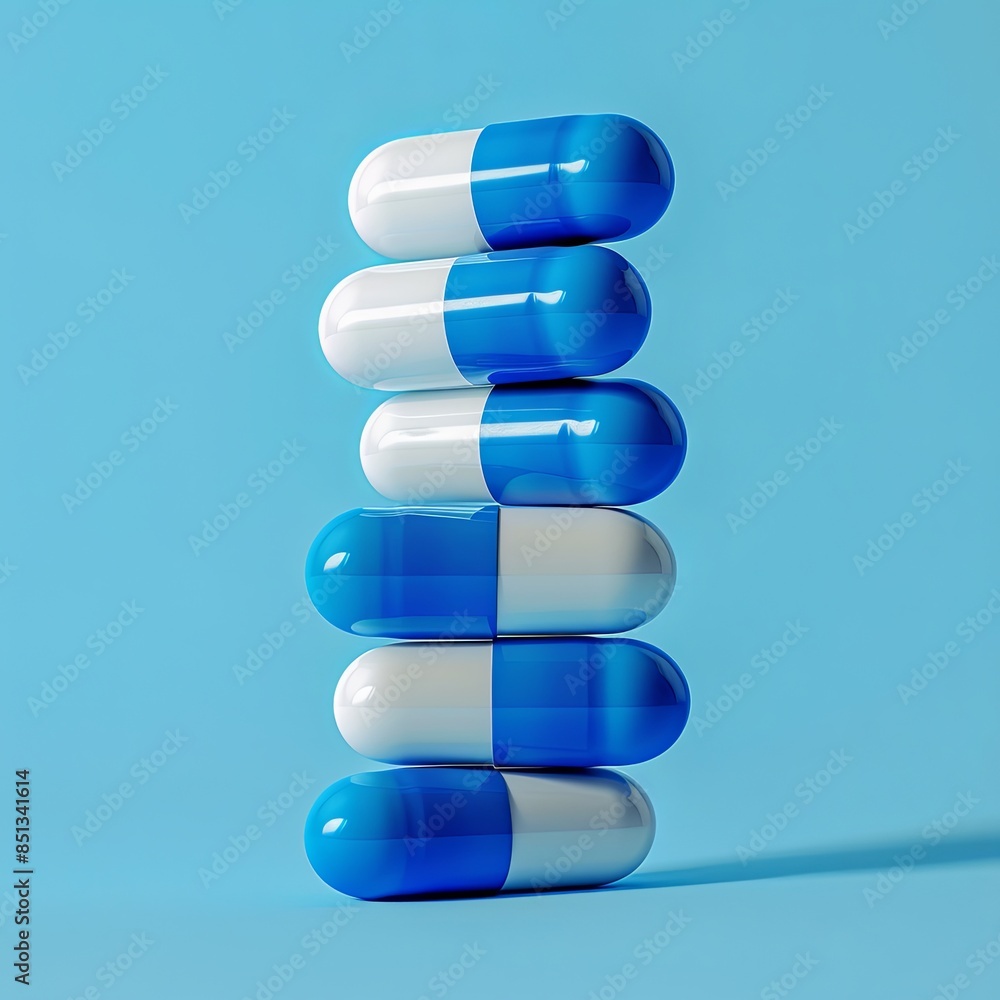 Balanced Blue and White Antibiotic Capsules on Blue Balanced Blue and White Antibiotic Capsules on Blue