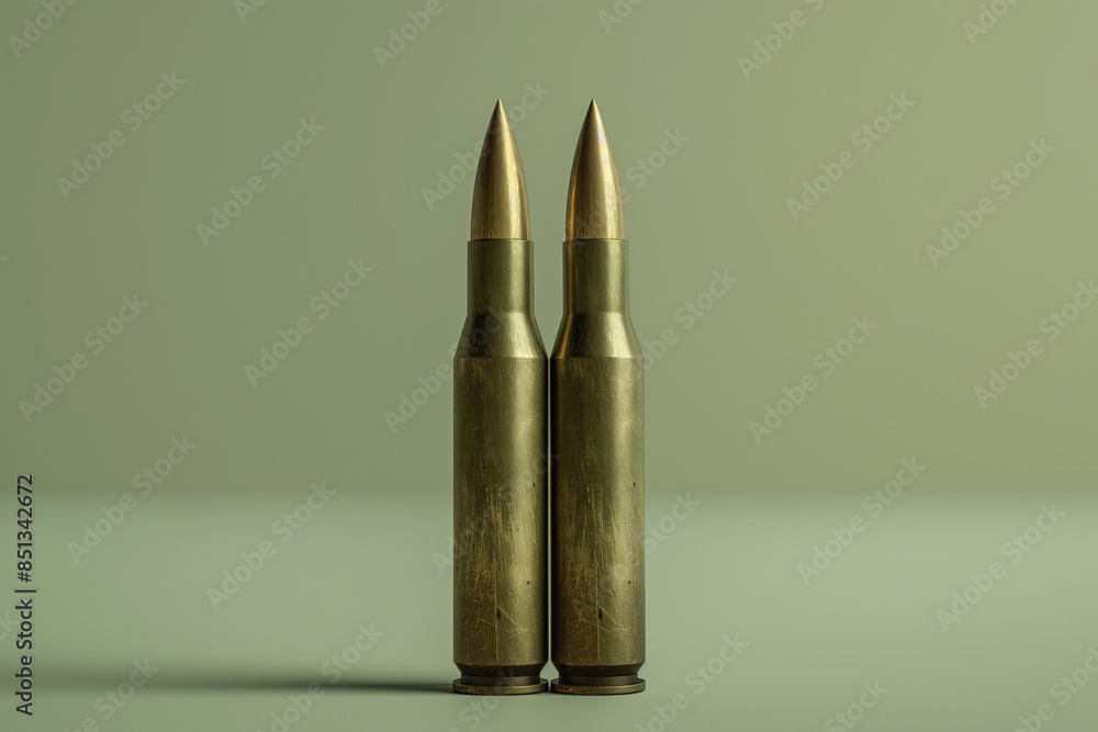 Two realistic 3D renderings of unfired rifle bullets with a green background Two realistic 3D renderings of unfired rifle bullets with a green background