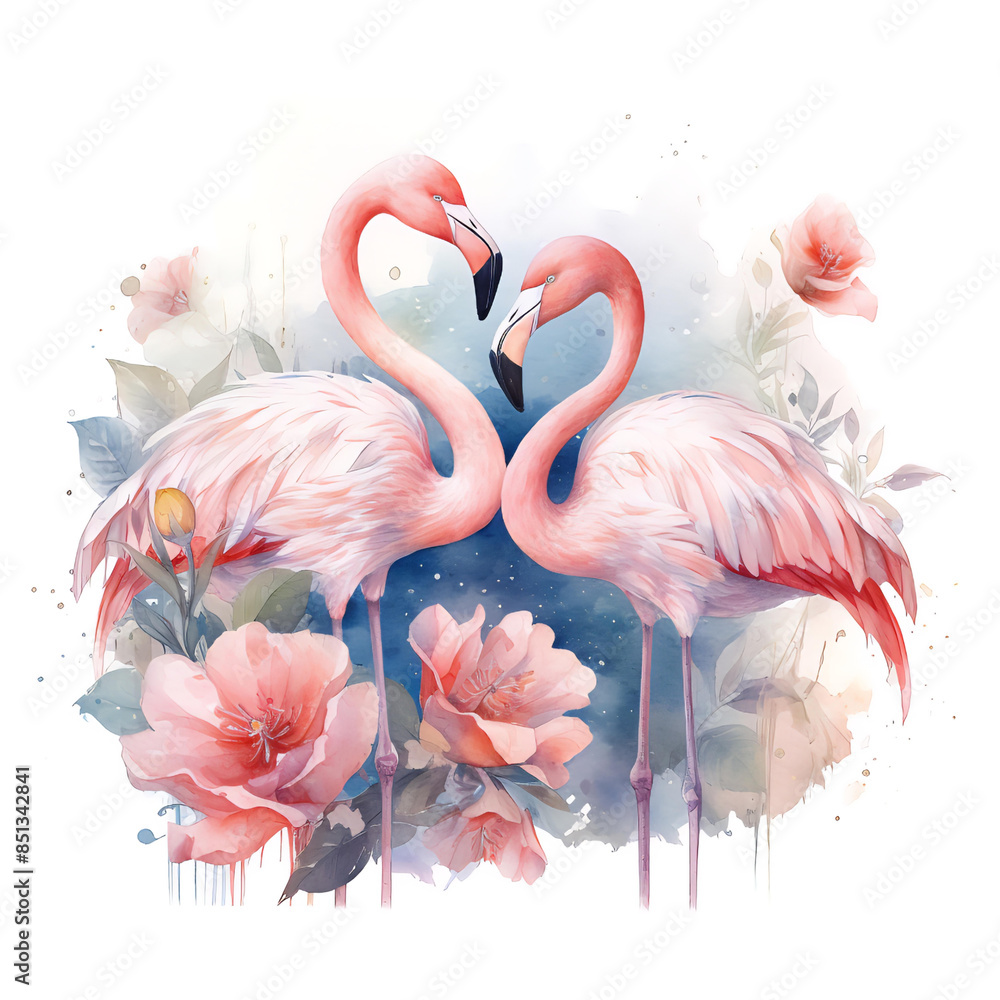 Naklejka premium Flamingo with flowers and birds 