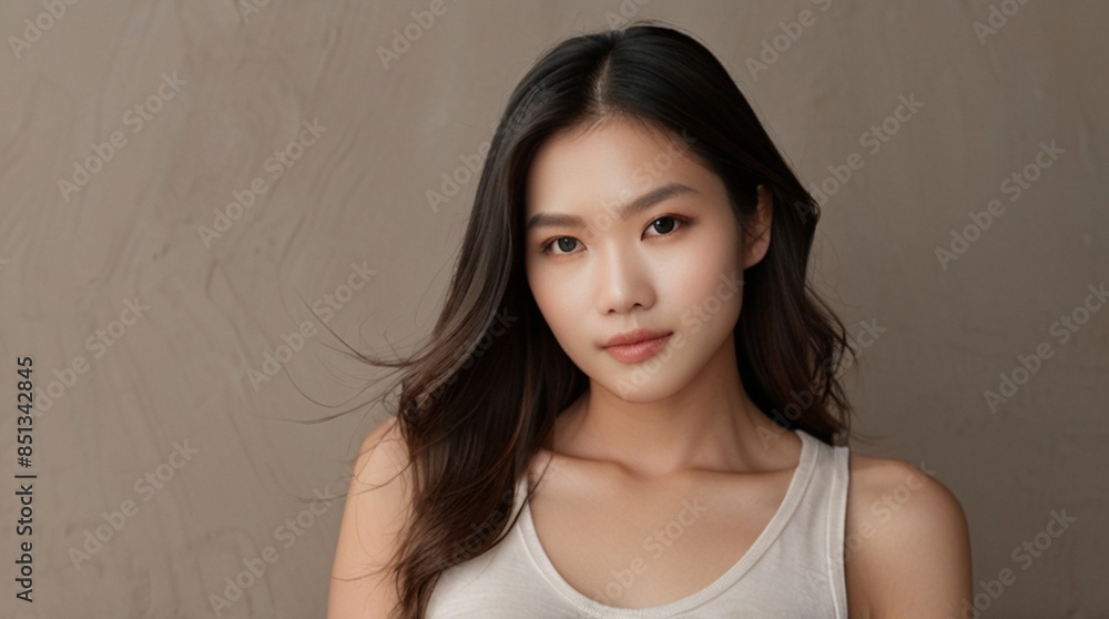 Close up portrait of beautiful Asian young woman in 20s with perfect glowy skin Close up portrait of beautiful Asian young woman in 20s with perfect glowy skin