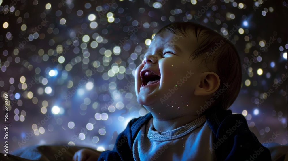 A surreal scene of a baby laughing joyfully against a backdrop of a star-filled night sky, capturing the wonder and delight of childhood in a cosmic setting. A surreal scene of a baby laughing joyfully against a backdrop of a star-filled night sky, capturing the wonder and delight of childhood in a cosmic setting.