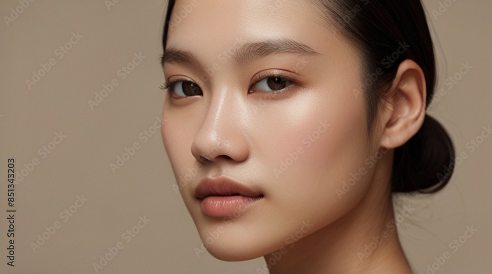 Naklejka premium Close up portrait of beautiful Asian young woman in 20s with perfect glowy skin