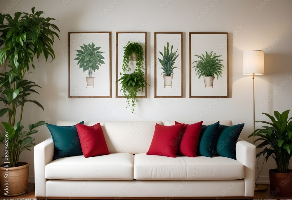 Fototapeta premium A cozy living room with a beige sofa, potted plants, and blank canvases on the wall. 3D render