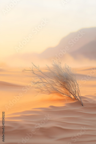 Desert landscapes in sunset light. Plants in the desert, tumbleweeds, wind photo