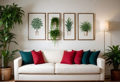 A cozy living room with a beige sofa, potted plants, and blank canvases on the wall. 3D render