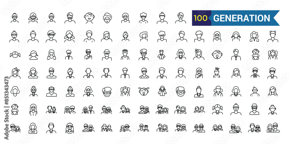 Generation icons set. Outline set of generation vector icons for ui design. Outline icon collection. Editable stroke. Generation icons set. Outline set of generation vector icons for ui design. Outline icon collection. Editable stroke.