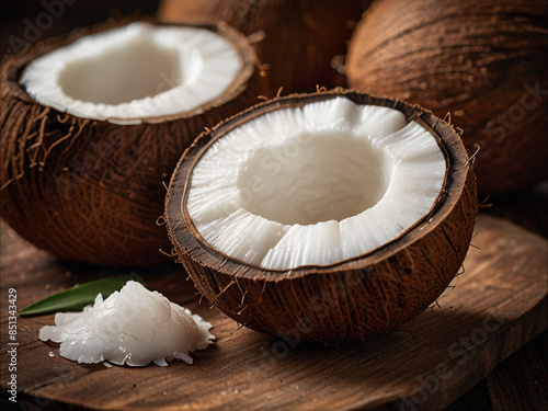  close up of a coconut on a wooden background, Ripe half cut coconut on a wooden background, Cracked coconut on metal plate on wooden table