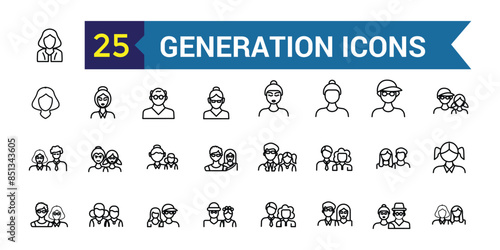 Generation icons set. Outline set of generation vector icons for ui design. Outline icon collection. Editable stroke.