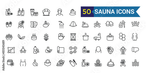 Sauna icons set. Outline set of sauna vector icons for ui design. Outline icon collection. Editable stroke.