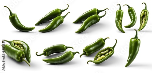 Set of green chili chilies pepper fruit vegetable, many angles view side top front group slice cut on white background cutout . Mockup template for artwork graphic design 