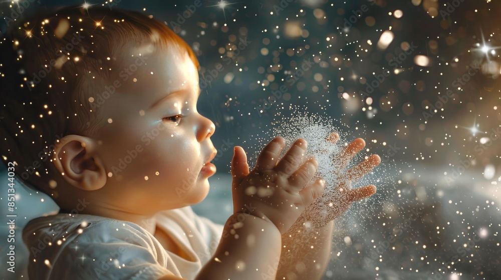 A surreal scene of a baby playing with stardust, capturing the awe and wonder of childhood in a cosmic setting.