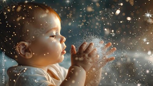 Obraz na płótnie A surreal scene of a baby playing with stardust, capturing the awe and wonder of childhood in a cosmic setting. w salonie
