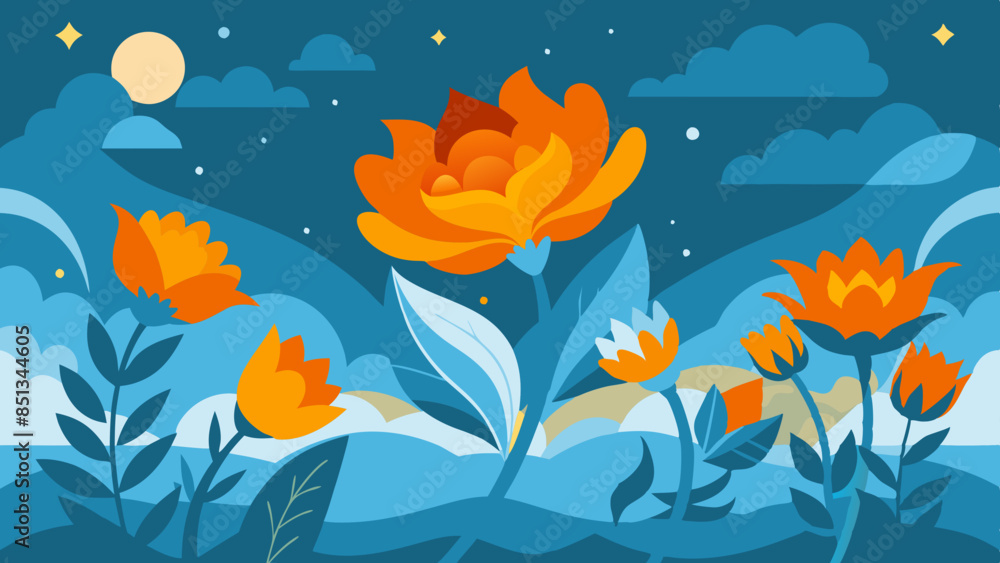 Fototapeta premium Flowers and leaves in a flat design, showcasing vibrant colors and intricate patterns.