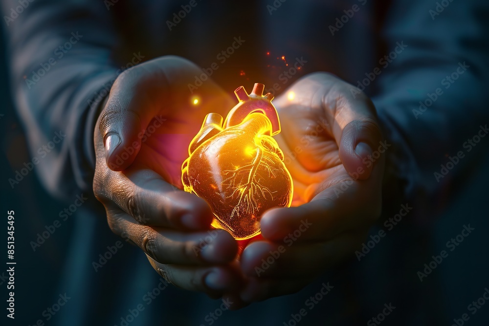 Glowing heart in the palms of hands. Generative Ai Glowing heart in the palms of hands. Generative Ai