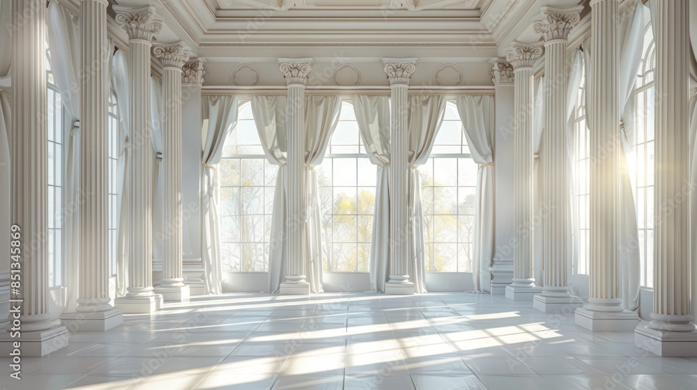 Fototapeta premium Empty minimal Elegant White Room with windows and natural light surface.Generative AI