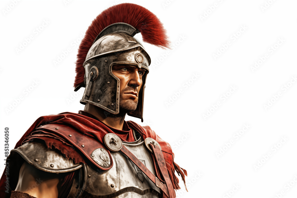 Obraz premium Ancient Roman soldier on a white background. Topics related to ancient Rome. Combat in ancient Rome. Historical reconstitution. Eternal Rome. Ancient Rome video games. Isolated image. 