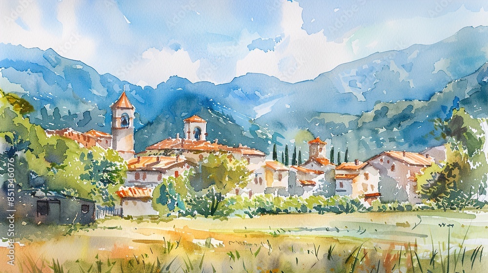 Obraz premium Soft focus watercolor scene of historic landmarks in muted colors