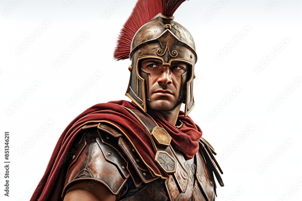 Fototapeta premium Ancient Roman soldier on a white background. Topics related to ancient Rome. Combat in ancient Rome. Historical reconstitution. Eternal Rome. Ancient Rome video games. Isolated image. 