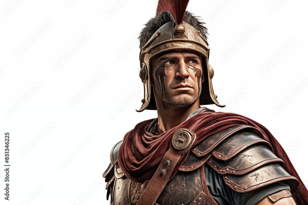 Fototapeta premium Ancient Roman soldier on a white background. Topics related to ancient Rome. Combat in ancient Rome. Historical reconstitution. Eternal Rome. Ancient Rome video games. Isolated image. 