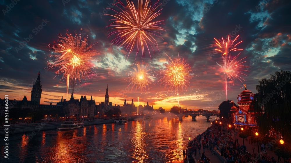 Fototapeta premium Celebrating Independence: Declaration by Bonfire Light and Parade Floats