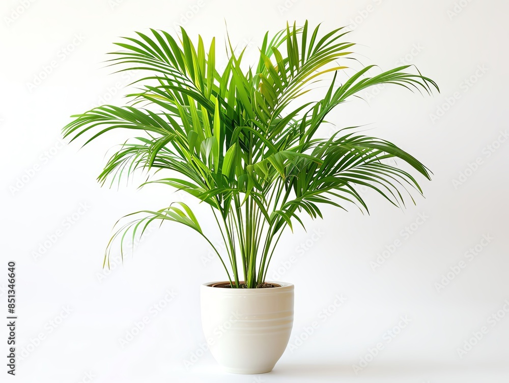 Fototapeta premium A potted areca palm in a stylish white pot, modern decor, isolated on white background