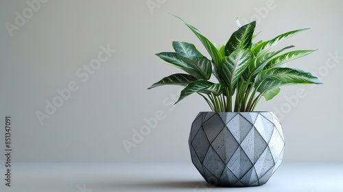 A decorative aglaonema plant in a modern geometric planter, contemporary style, isolated on white background photo