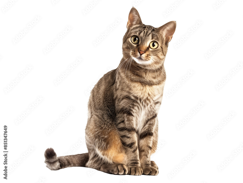 Obraz premium Full body shot of Aegean cat, sitting, looking around curiously.