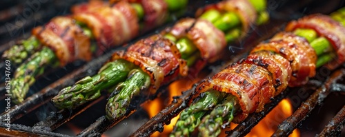 Bacon-wrapped asparagus spears on a grill, perfectly cooked with crispy bacon, outdoor barbecue setting