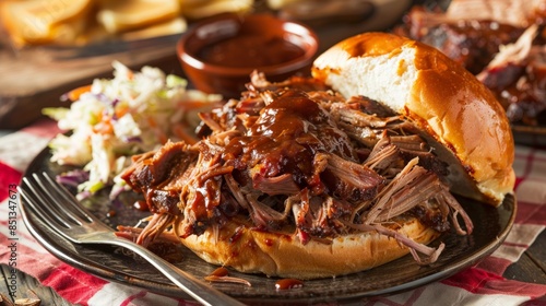 Barbecue pork pulled apart with a fork, tender and smoky, served on a bun with coleslaw, picnic setting with checkered tablecloth