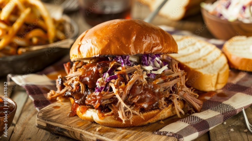 Fototapeta premium Barbecue pork pulled apart with a fork, tender and smoky, served on a bun with coleslaw, picnic setting with checkered tablecloth