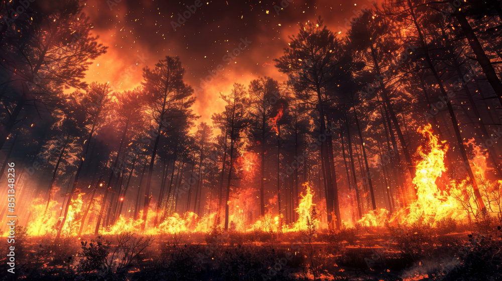 a forest on fire. trees burning in the background a forest on fire. trees burning in the background