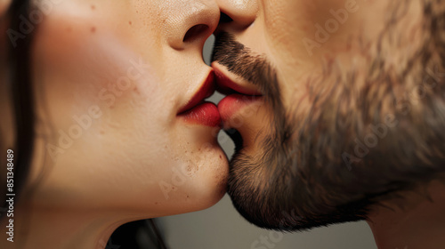 brunette man and a woman are kissing