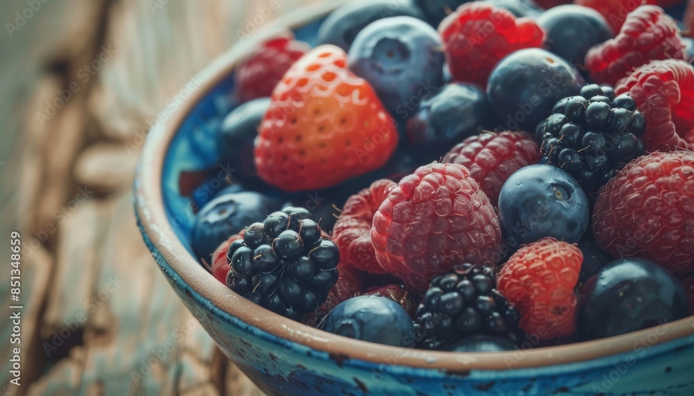 Close-up of a bowl of mixed berries, rich in fiber, on a rustic wooden table, with bright natural light Close-up of a bowl of mixed berries, rich in fiber, on a rustic wooden table, with bright natural light