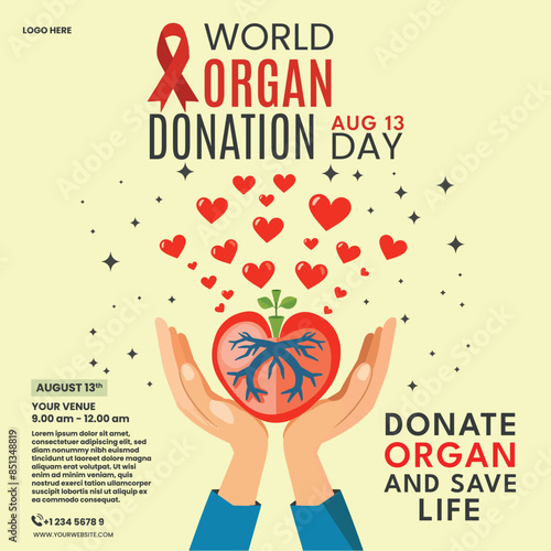 organ donation day 13 august illustration, square post, vector templete