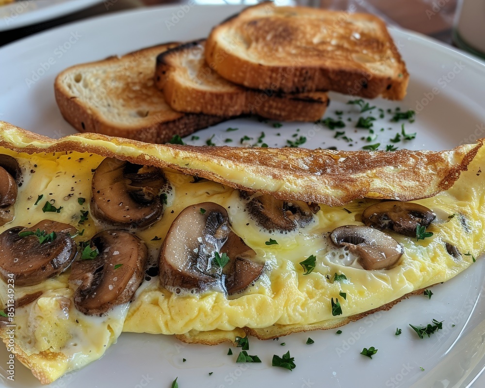 Close-up of a fluffy omelette with sauteed mushrooms and cheese, on a white plate, with a side of toast Close-up of a fluffy omelette with sauteed mushrooms and cheese, on a white plate, with a side of toast