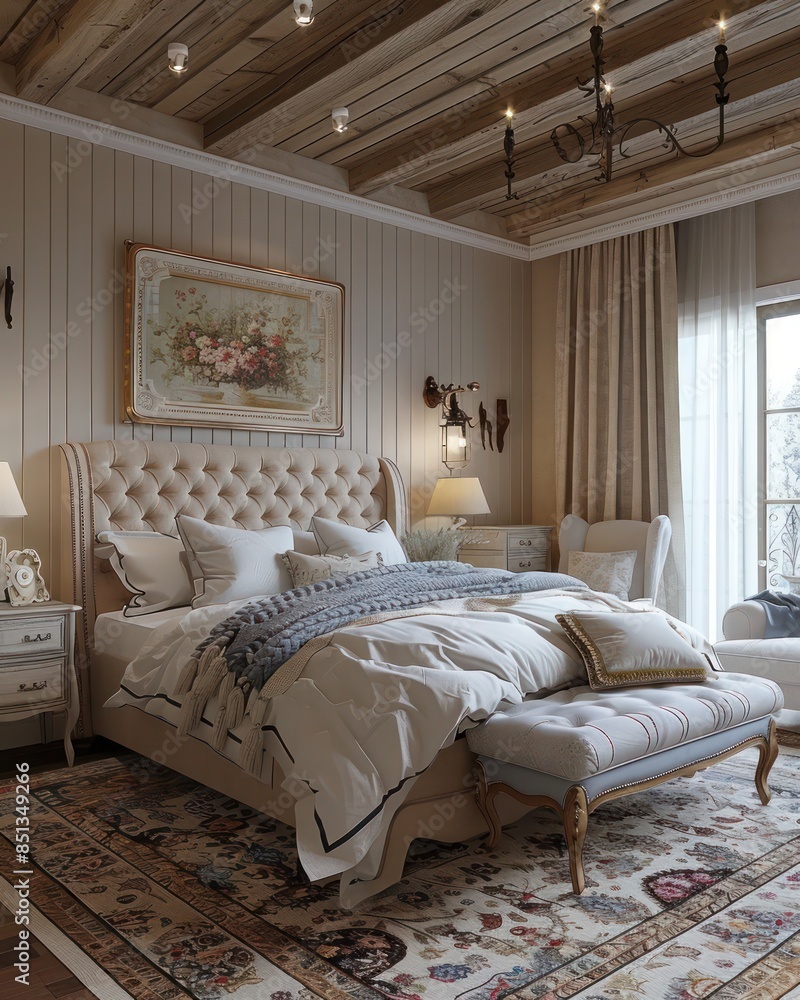 Fototapeta premium Cozy Bedroom: French Country Style Interior Design - Modern Decor with Rustic Charm, Home Decor Inspiration