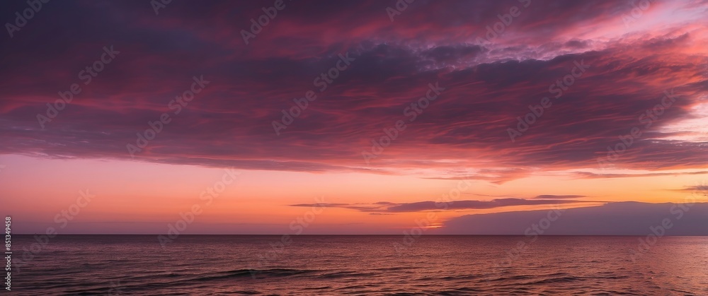 Obraz premium A tranquil sunset over the ocean with stunning pink and purple clouds creates a serene and beautiful seascape, perfect for relaxation or vacation.