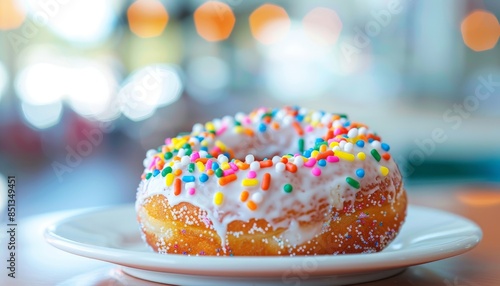 Close-up of a glazed donut with colorful sprinkles, on a white plate, with a bright and cheerful background © EC Tech 
