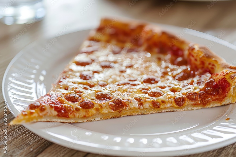 Close-up of a greasy pizza slice with visible oil, highlighting trans fat content, on a white plate, cozy home setting Close-up of a greasy pizza slice with visible oil, highlighting trans fat content, on a white plate, cozy home setting