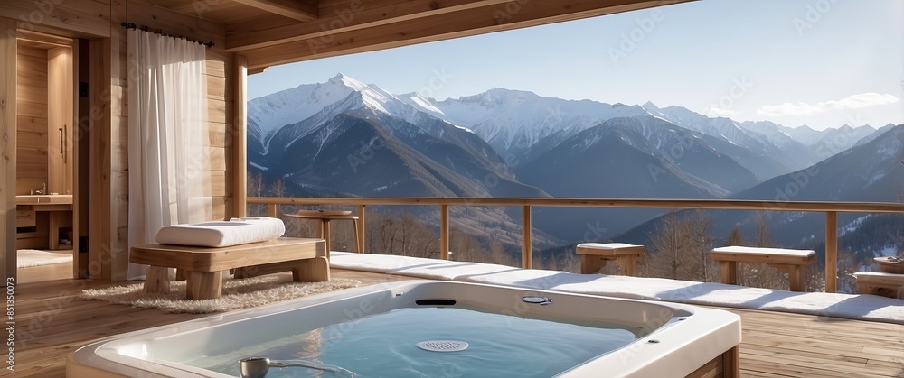 Fototapeta premium Luxurious hot tub on a wooden deck with a stunning mountain view, ideal for relaxation and winter retreats.