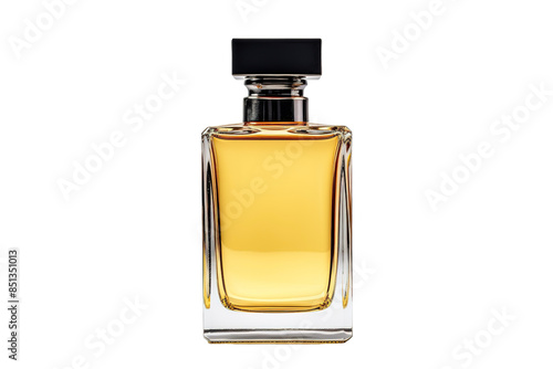 A Golden Elixir of Fragrance, Captured in a Rectangular Bottle on White or PNG Transparent Background. © SIBGHA