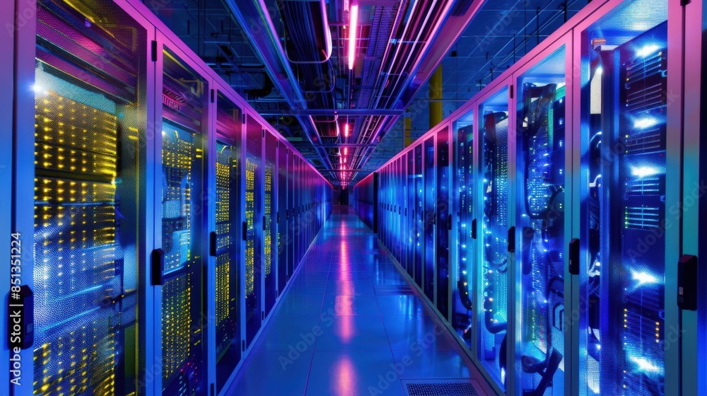 Fototapeta premium A long hallway with many computer servers lit up in blue. The servers are connected to each other and are glowing brightly